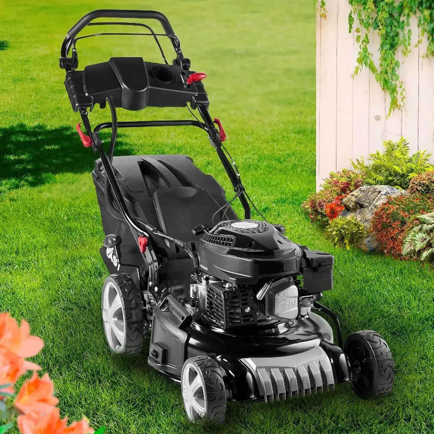 BRAST® Selbstfahrender Benzin-Rasenmäher, 3,5 kW, Elektrostart, 46 cm Schnittbreite, TüV-geprüft, 4-Takt OHV Motor, 30-80 mm Schnitthöhe, 60 L Fangkorb, robuster Stahlrahmen