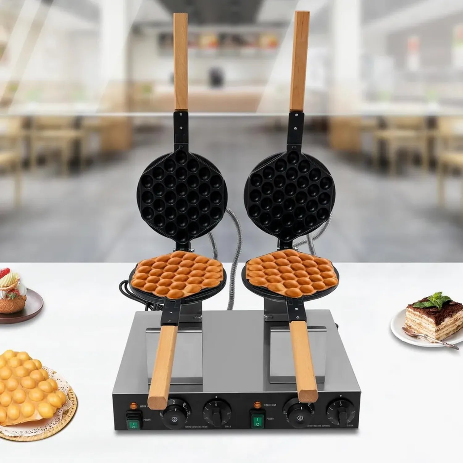 Professionelles Doppel-Bubble-Waffeleisen, 2830W, Antihaft mit Timer, Edelstahl, Temperaturbereich 50-300°C, für Café und Restaurant