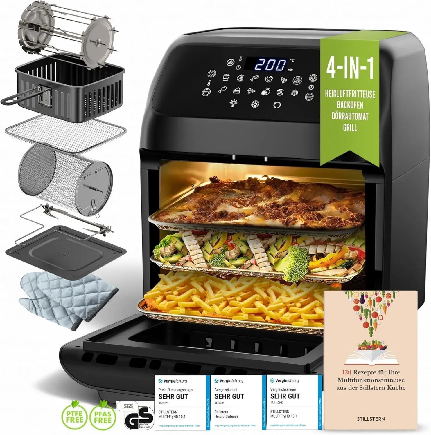 Stillstern 12L Heißluftfritteuse mit LED-Touchscreen, 12 Programme, Vorheiz- und Warmhaltefunktion, 1800W Airfryer ohne Öl, inklusive XXL Rezeptbuch auf Deutsch