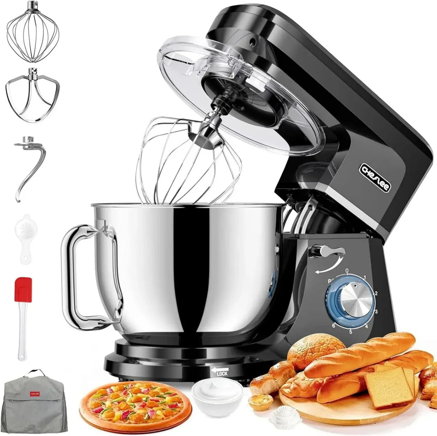 Cheflee Küchenmaschine 2000W, Geräuscharme Teigknetmaschine 7,2L Edelstahlschüssel, 6 Geschwindigkeiten, Knethaken & Schneebesen mit Spritzschutz