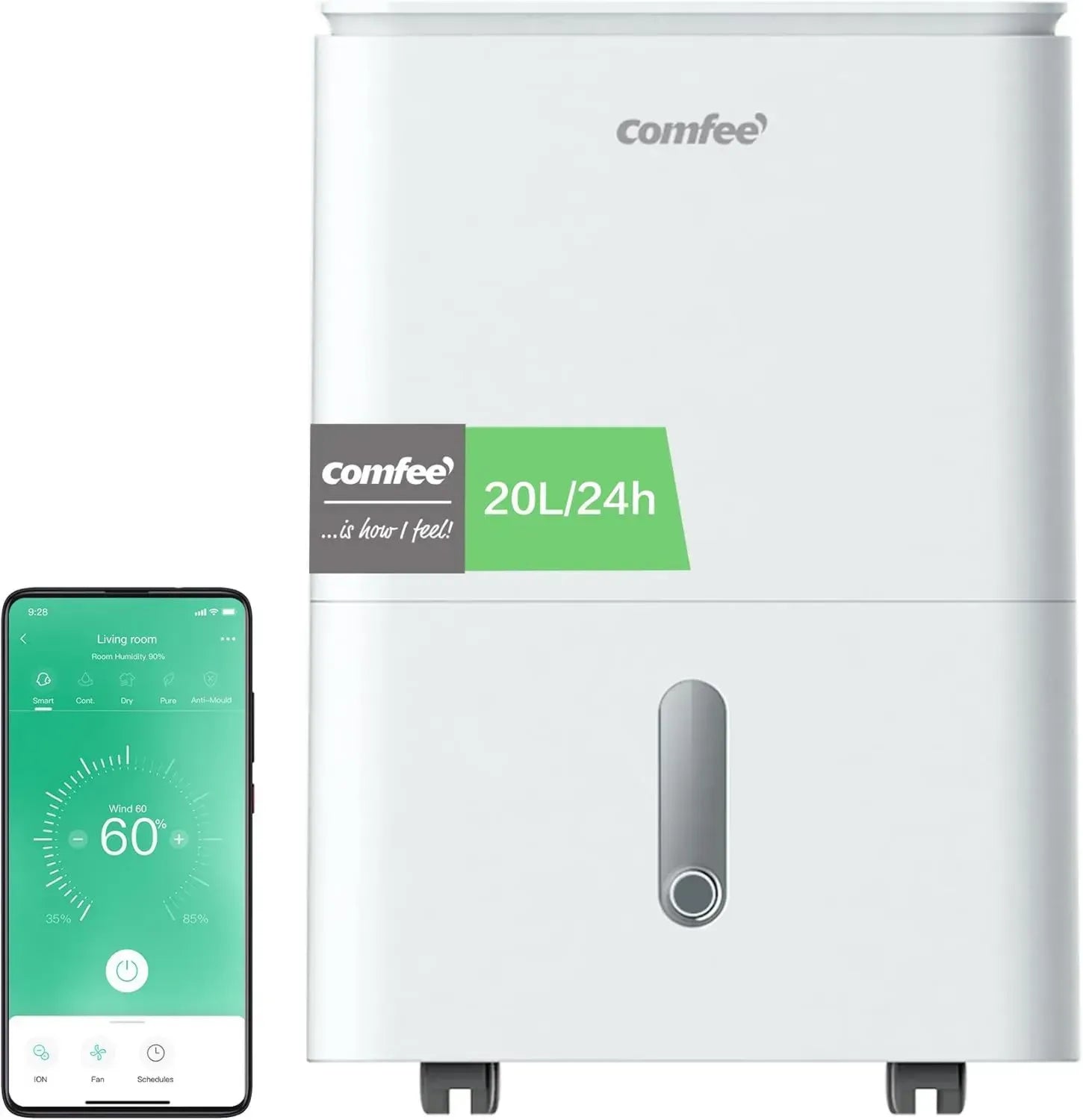 COMFEE' 20L Luftentfeuchter mit 4 Modi und 3L Tank, Wäschetrockner, Schwingfunktion für Räume bis 40㎡, Weiß