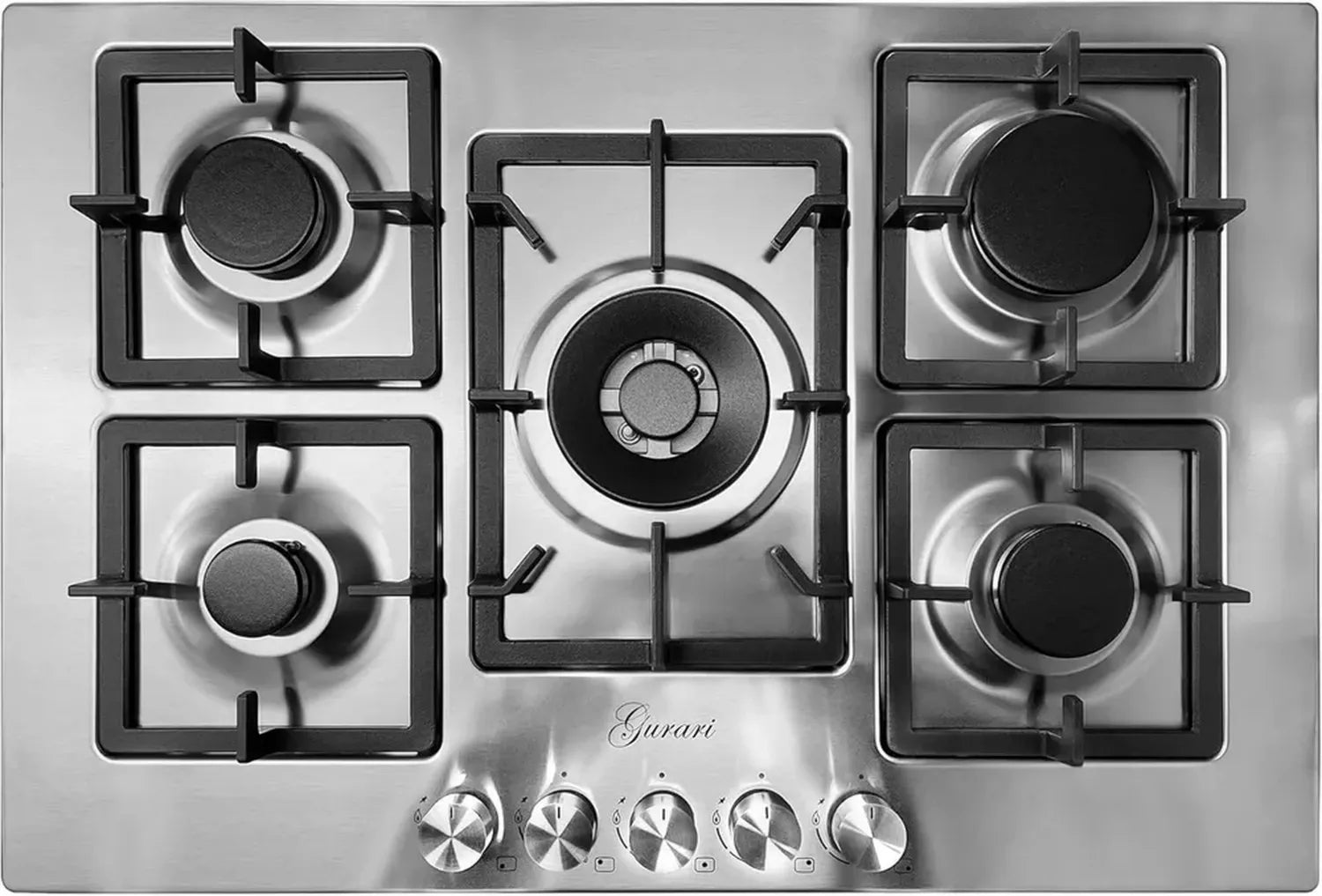 Einbau-Gaskochfeld 75 cm Edelstahl mit 5 Brennern und Wok Funktion