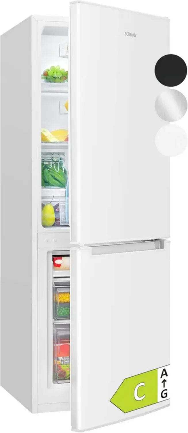 Bomann Kühlschrank mit Gefrierfach, energieeffizient, 40 dB leise, 143 cm hoch, wechselbarer Türanschlag, 173L Volumen, 3 Ablagen, 2 Schubladen, weiß