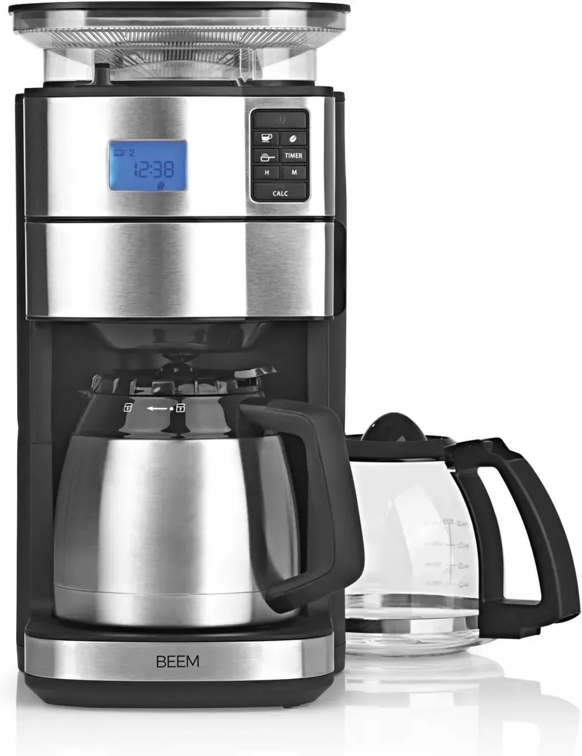 BEEM Filterkaffeemaschine mit Mahlwerk, Edelstahl, 1000 W, mit Glaskanne und Isolierkanne, 24h-Timer