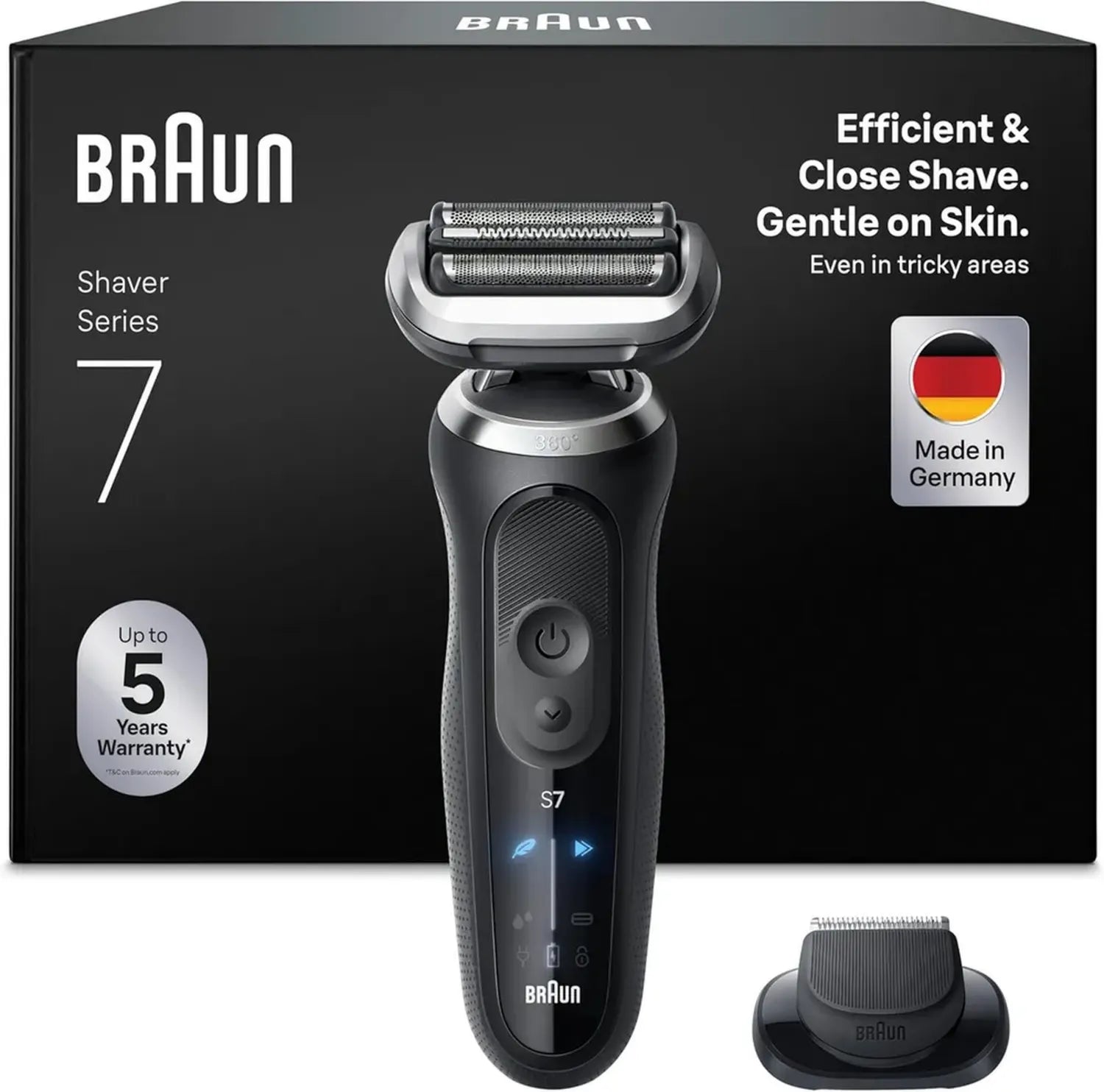 Braun Series 7 Elektrorasierer für Herren, kabellos, 60 Min. Akkulaufzeit, Nass- und Trockenanwendung, wasserdicht, hergestellt in Deutschland, Schwarz