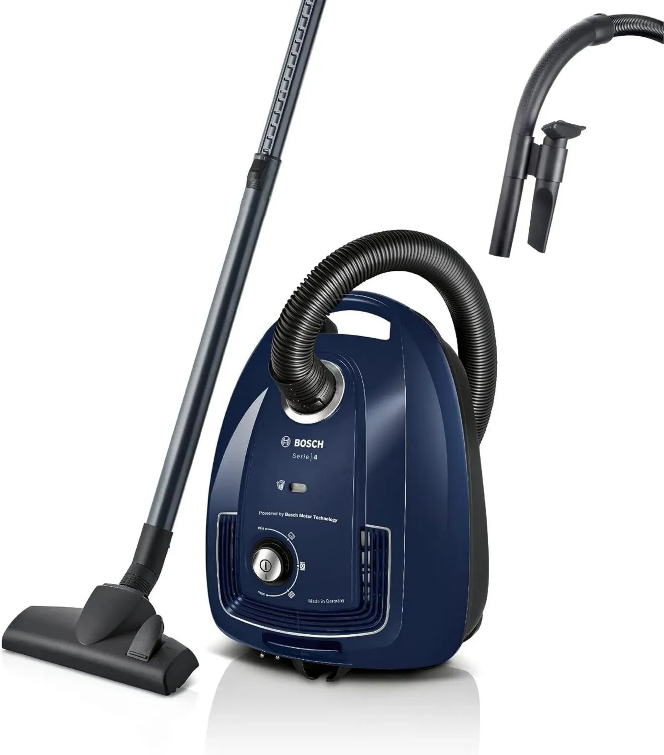 Bosch Staubsauger Serie 4 mit Beutel, 600W, hoher Saugkraft, Hygiene-Filter, 10 Jahre Motorgarantie, Zubehör-Clip, Polster- und Fugendüsen, nachhaltig, hergestellt in Deutschland, blau