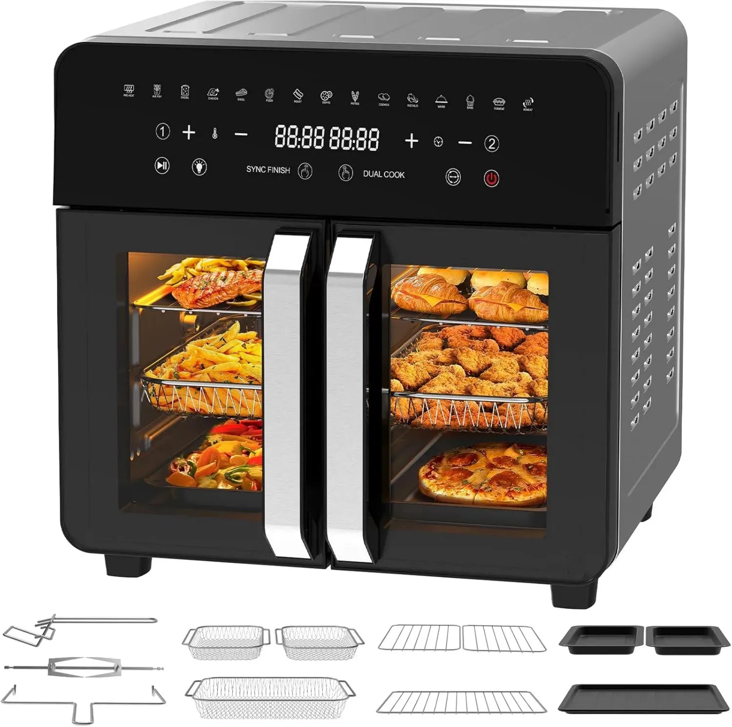 Doppelte Heißluftfritteuse 23L - XXL Airfryer mit Dual Zone, 15 Modi, großes Sichtfenster, French Door Design, 5-teiliges Zubehörset