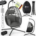 tillvex® Klappbarer Rattan-Hängesessel mit Gestell, wetterfest, für Indoor und Outdoor bis 150 kg, inkl. Schutzhülle und Befestigung (Anthrazit)