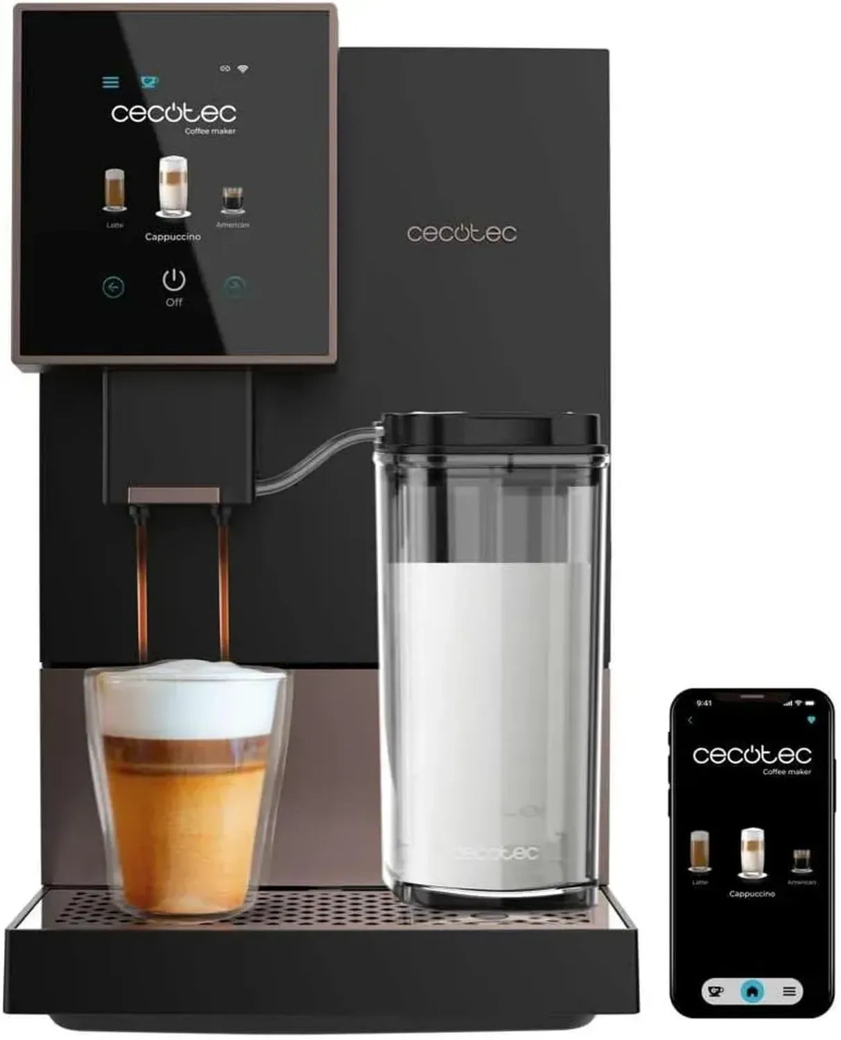 Cecotec Smart Kaffeevollautomat, 1350W, 19 Bar, TFT, Wifi, Mahlwerk, 400 ml Milchtank, 1L Wassertank