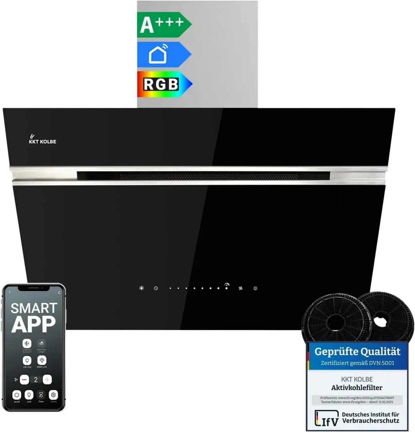 KKT KOLBE Wandhaube 60cm A+++, 782m³/h, Schwarz Silber, Edelstahl, Glas, WLAN, SensorTouch, RGBW LED