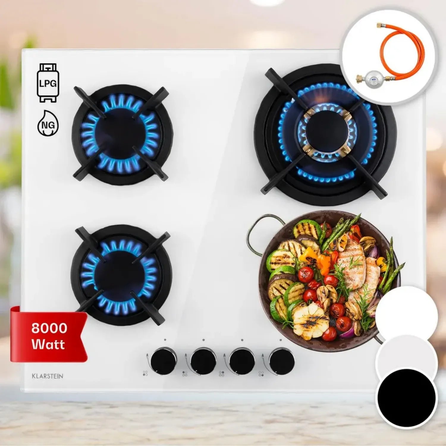 Klarstein Gasherd 4-flammig mit Glaskeramik, Einbau-Campingkocher für Propan/Erdgas, Edelstahl Wok-Brenner 8000W
