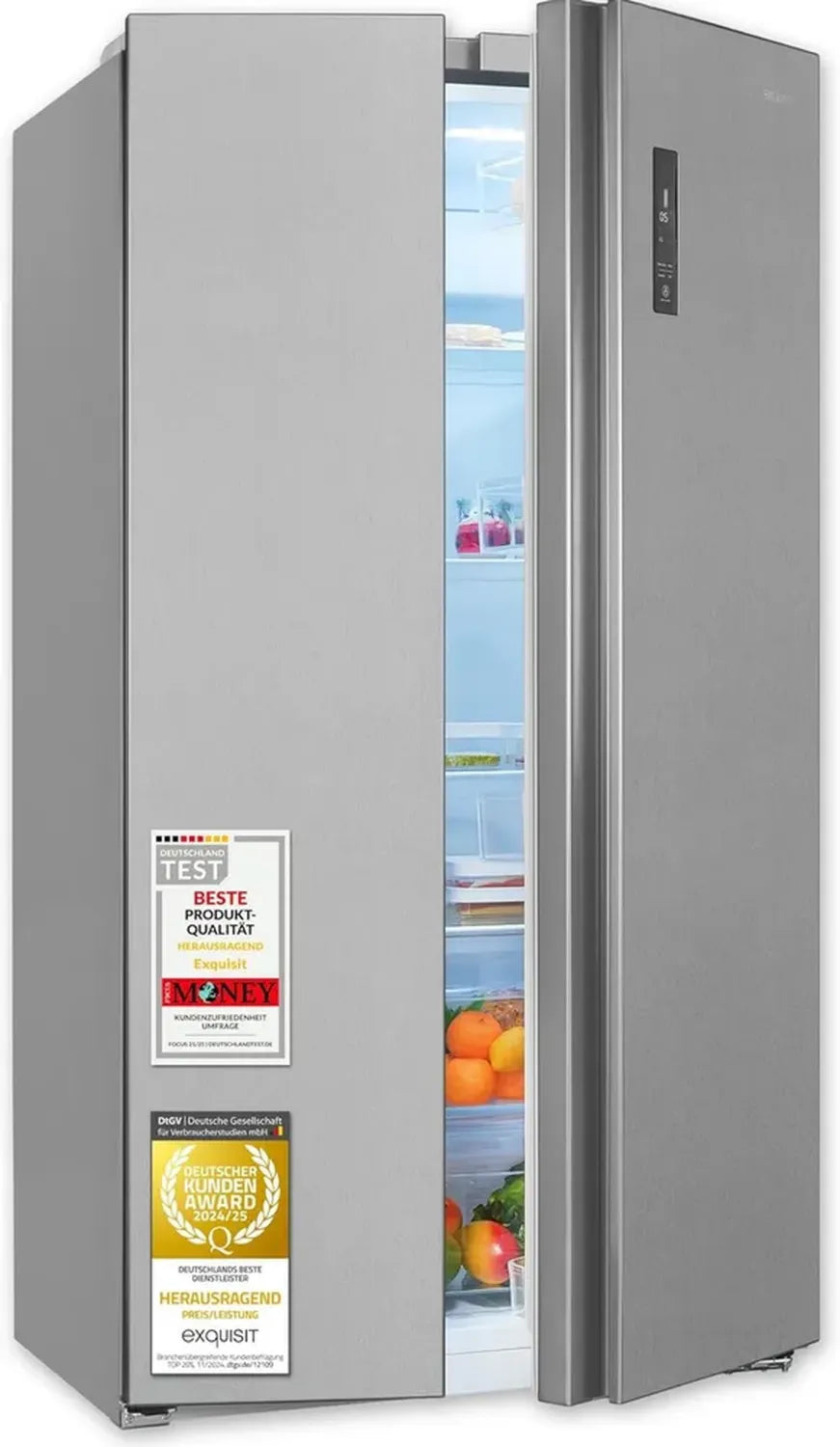 Exquisit Side by Side Kühlschrank SBS560-050D in Edelstahloptik, 562 L, Inverter, NoFrost, Schnellgefrierfunktion