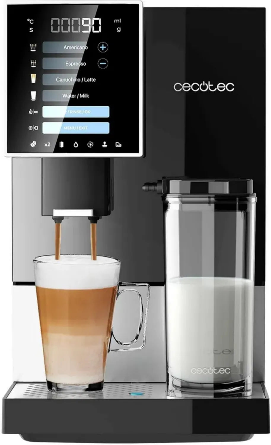 Cecotec Kaffeevollautomat Cremmaet Compactccino Schwarz Silber, 19 Bar Druck, integrierter Milchbehälter, Thermoblock-Technologie, 5-stufige Mahlgradeinstellung, 150g Bohnenbehälter