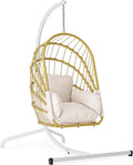 YITAHOME Rattan-Hängesessel mit Ständer, 160 kg Tragkraft, Klappbar für Terrasse und Balkon, Inklusive Komfortpolster, Hellbeige