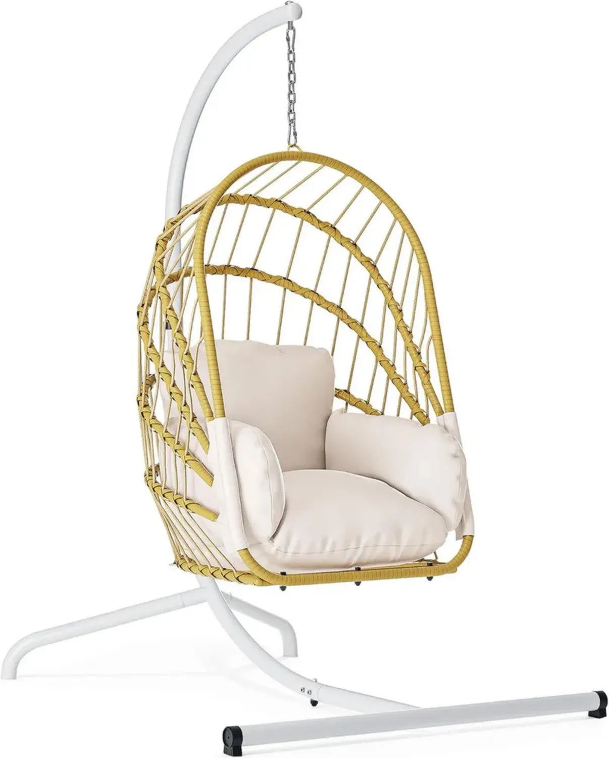 YITAHOME Rattan-Hängesessel mit Ständer, 160 kg Tragkraft, Klappbar für Terrasse und Balkon, Inklusive Komfortpolster, Hellbeige