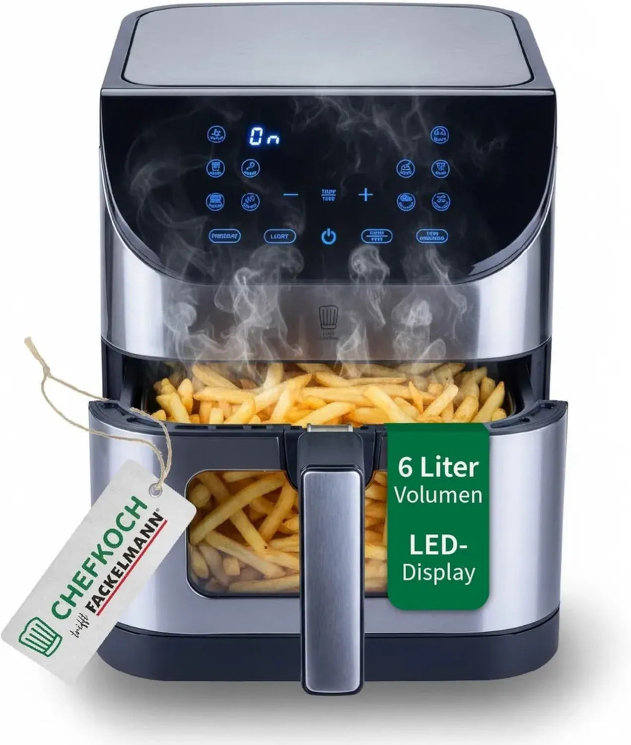 Fackelmann Heißluftfritteuse 6L – 10 Programme, 1500W, Touchscreen, Antihaft, Silber/Schwarz