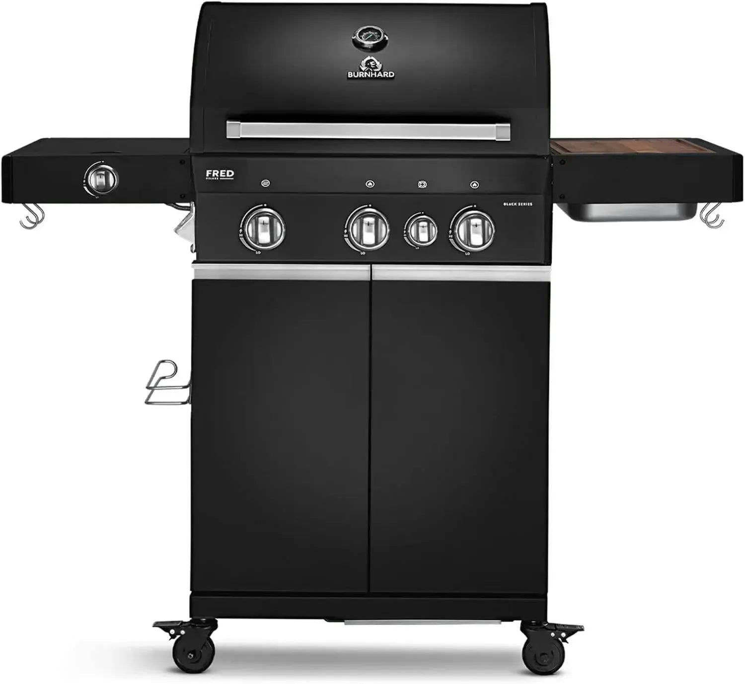 BURNHARD Gasgrill mit 3 Brennern, Backburner und Seitenkochfeld, 900°C Infrarot-Keramikbrenner, Gusseisenrost, Abdeckung, klappbare Tische, Schwarz - FRED Deluxe