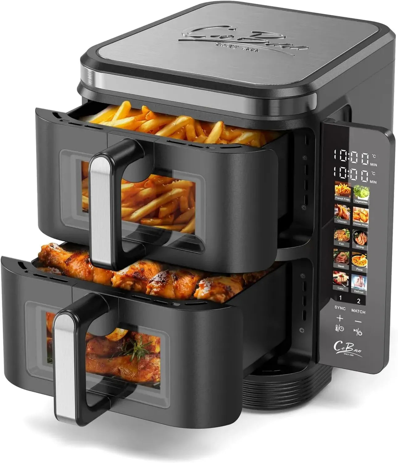 Doppelkammer Heißluftfritteuse 11L mit Klapp-Touchscreen und Sichtfenster, 10-in-1 Funktion, 2800W, V0 flammhemmend