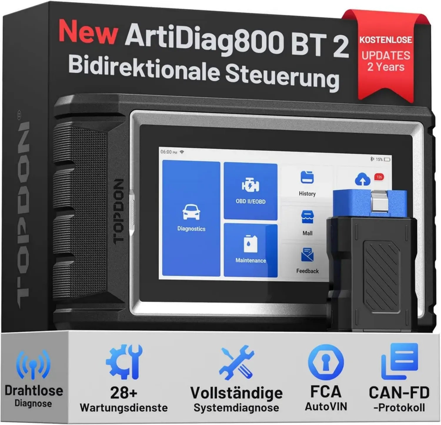 TOPDON ArtiDiag800 BT 2 OBD2 Diagnosegerät, Mehrzweck-Diagnosetool mit umfassenden Wartungsfunktionen, kabellose Bluetooth-Verbindung, FCA-Gateway-Zugang & CAN-FD-Unterstützung, inklusive 2 Jahre Updates