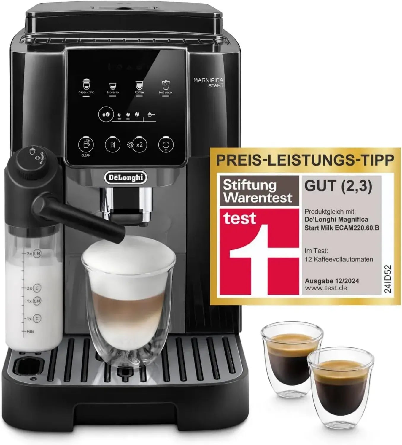 De'Longhi Magnifica Start Kaffeevollautomat mit LatteCrema System, 4 Getränke auf Knopfdruck, Cappuccino Funktion, Soft-Touch Bedienfeld, Schwarz-Grau