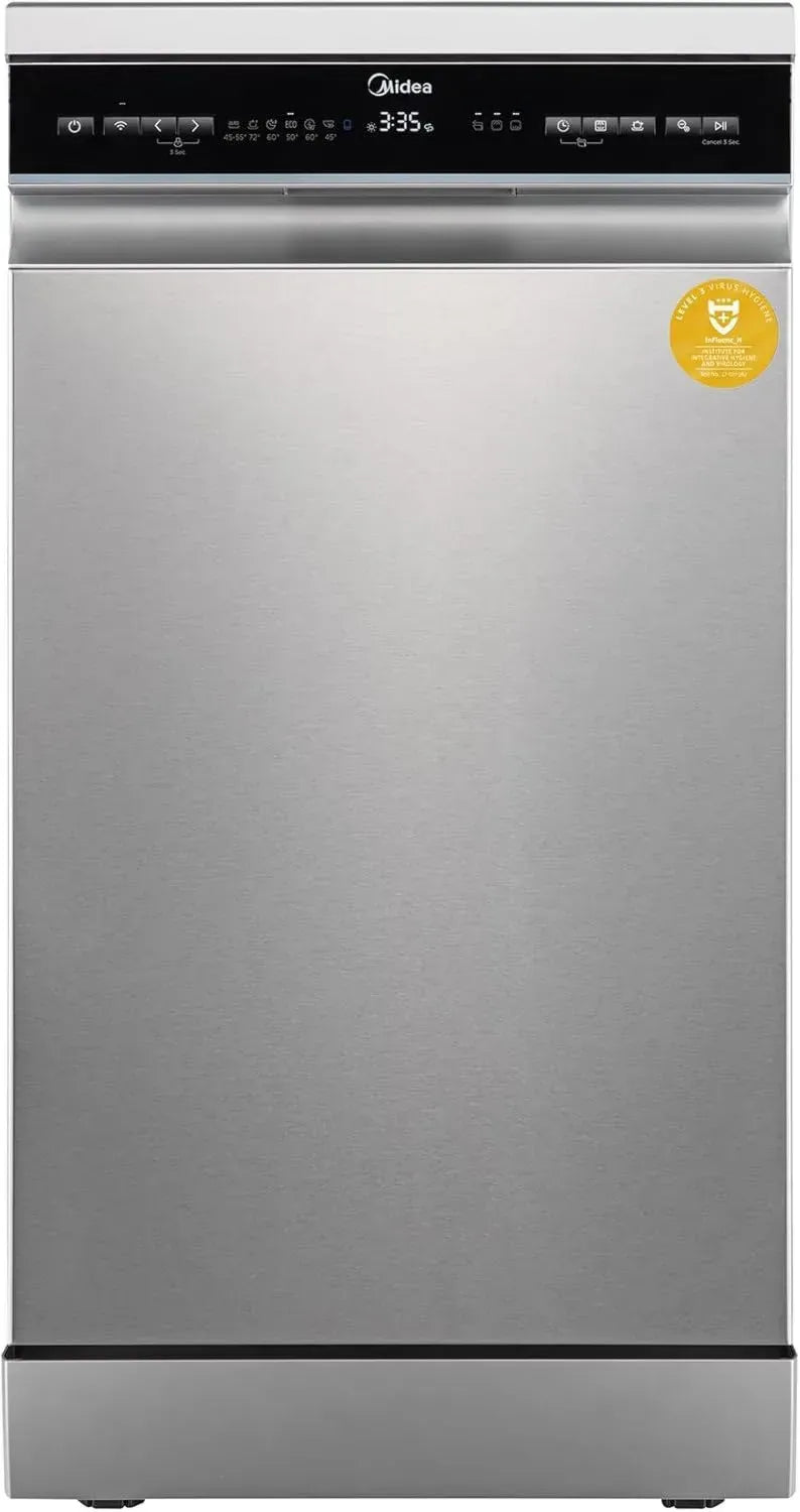 Midea Freistehende Geschirrspülmaschine 45 cm, 10 Maßgedecke, Höhenverstellbarer Korb, Aqua-Stopp, Startzeitvorwahl, Silber