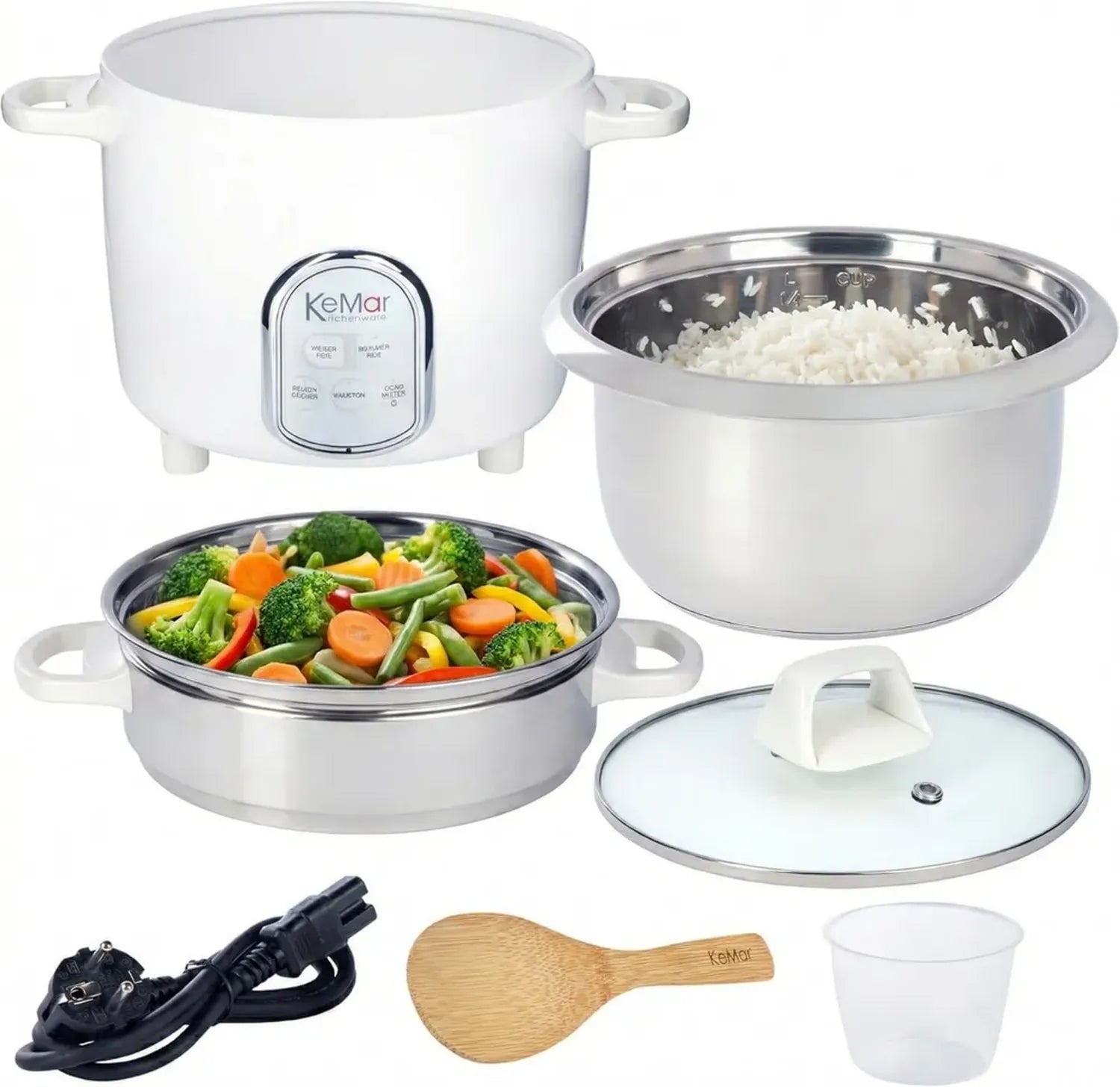KeMar Reiskocher 1,4L mit 5 Modi, 500W, Edelstahltopf, Glasdeckel & Dämpfeinsatz - Weiß