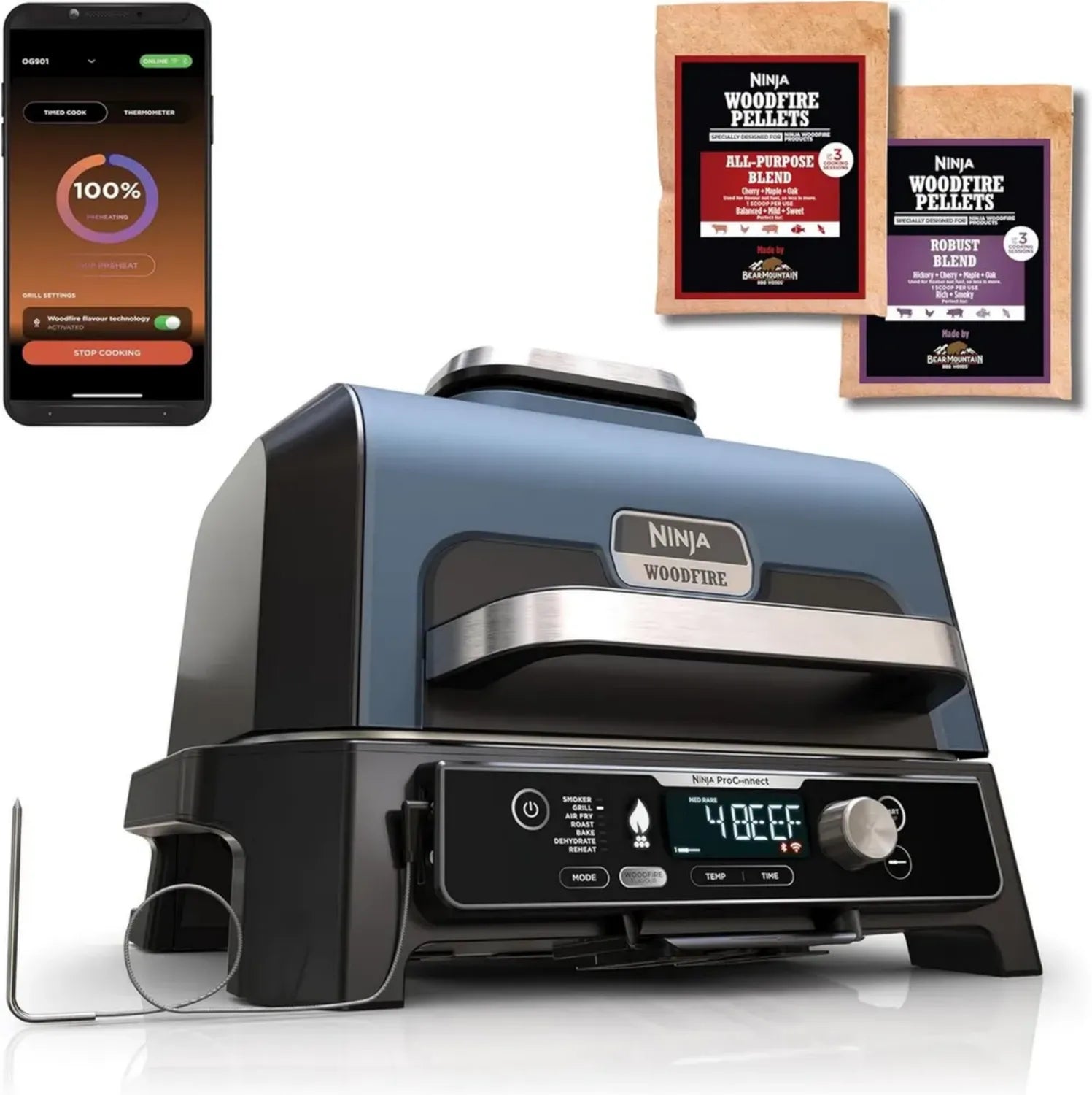 Ninja Woodfire Pro XL Elektrischer BBQ Smoker Grill, App-gesteuert, Digitaler Temperaturfühler, 7-in-1 Outdoor Grill & Heißluftfritteuse, Wetterfest, Schwarz