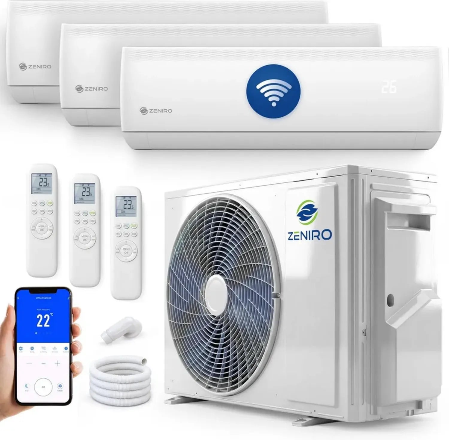 Multisplit Klimaanlage Set mit 3 Inneneinheiten, 3 x 3,5 kW, 27000 BTU, A++, WiFi-Steuerung, 4D AirFlow, Heizen bis -20°C, vorgefüllt mit R32