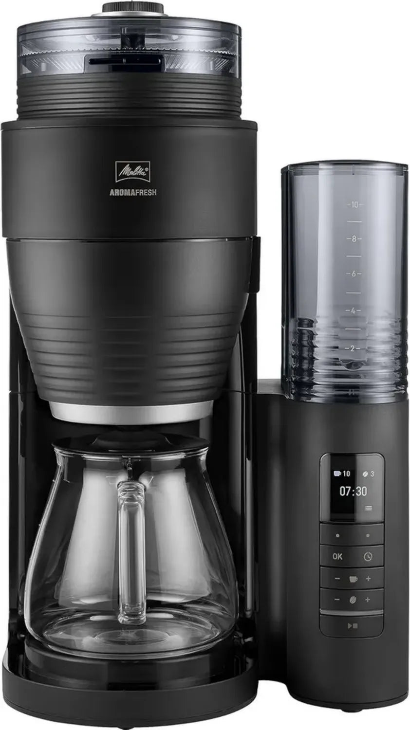 Melitta AromaFresh Pro Filterkaffeemaschine mit Mahlwerk, abnehmbarem Wassertank und Timer, für 10 Tassen, Schwarz/Silber