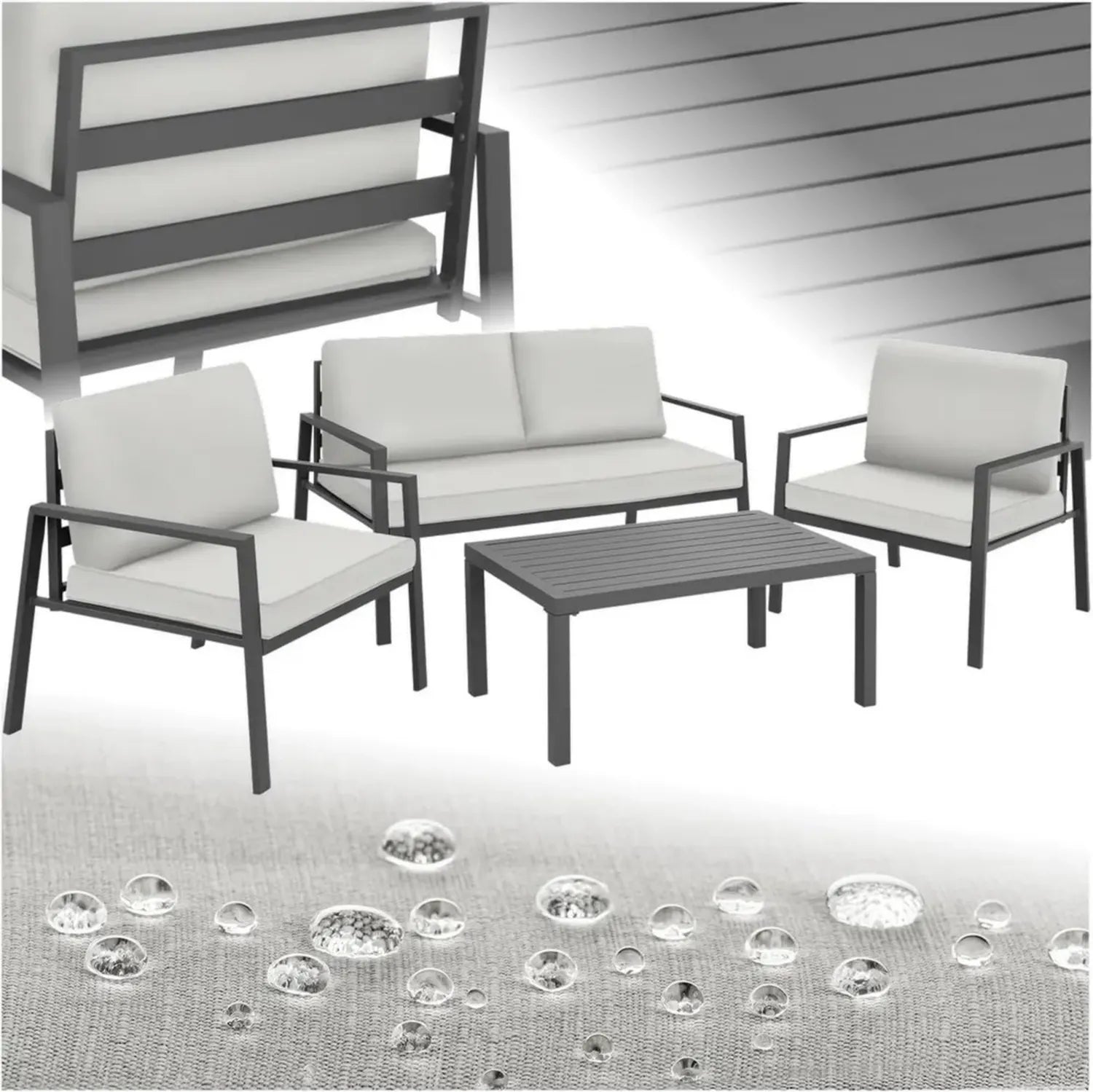 Tectake Aluminium Loungeset: 2 Sessel, 1 Sofa, 1 Tisch - Outdoor Gartenmöbel mit Kissen, Hellgrau