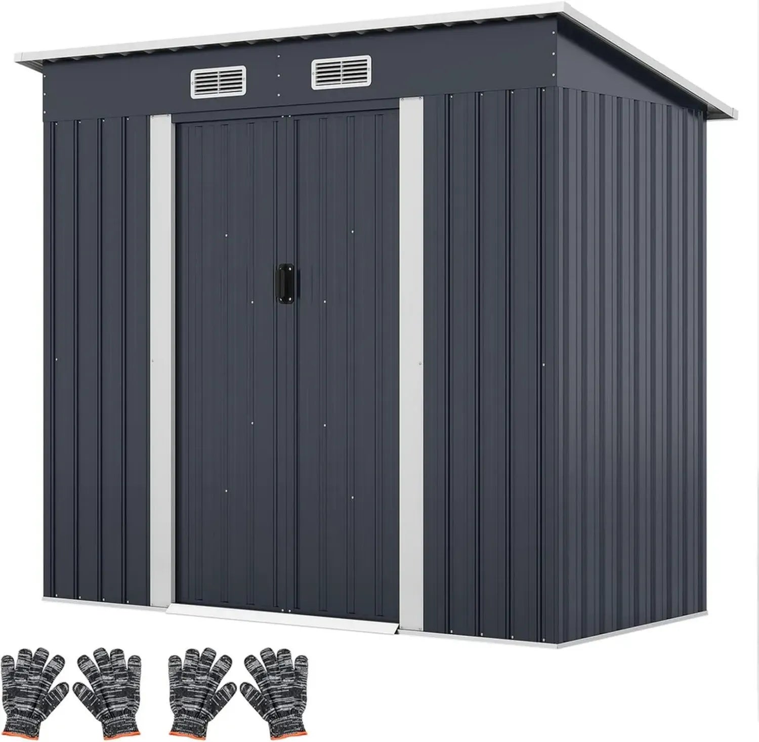 HOMASIS Metallgerätehaus mit Pultdach, 213x112x186cm, Schiebetüren & Lüftungsfenster, wetterfestes Gartenhaus in Grau