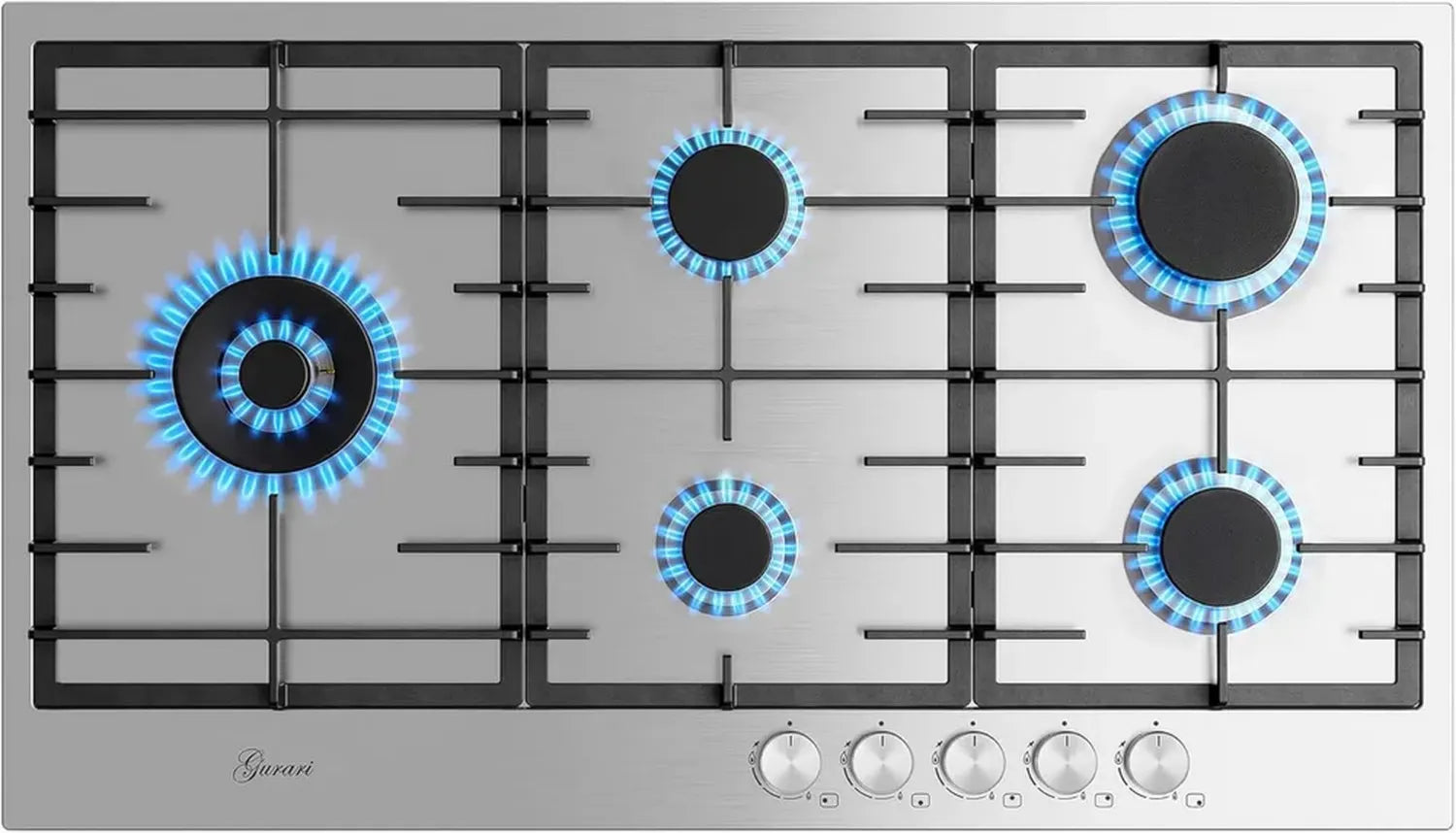 Edelstahl Gaskochfeld 90 cm mit 5 Flammen und WOK-Brenner, Einbau, für Erdgas und Propan