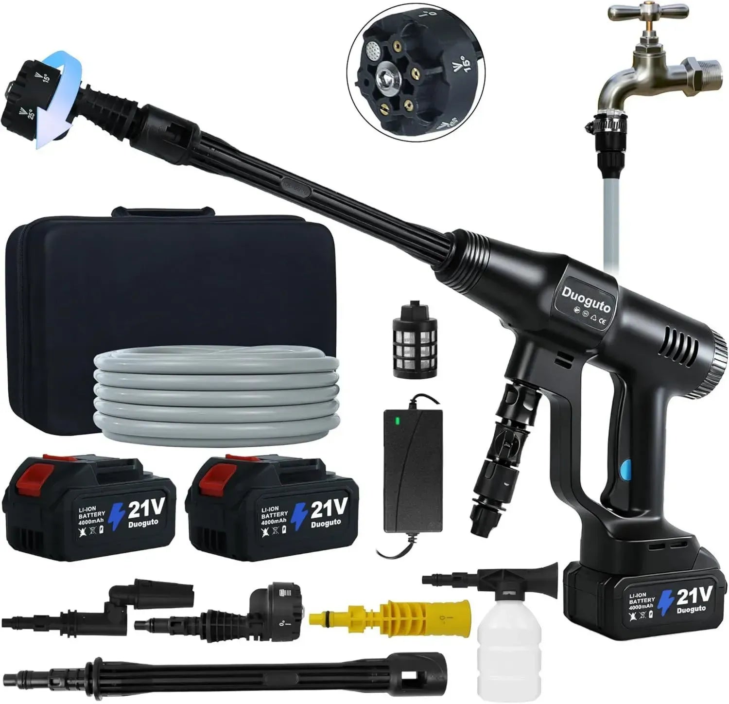 Akku Hochdruckreiniger 200 Bar mit 2x 4000mAh Batterien, 3 Modi, 180° drehbare Düse, Schaumsprüher, 5m Schlauch