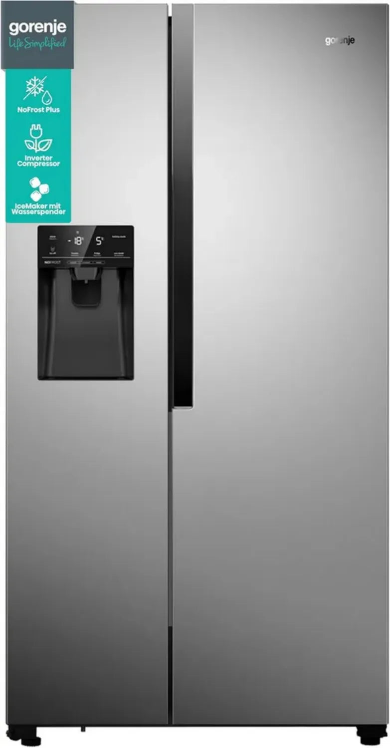 Gorenje Side-by-Side Kühl-Gefrierkombination, NoFrost Plus, Inverter-Kompressor, Wasserspender, Eiswürfelspender, SensoTech, 179 cm, Edelstahl
