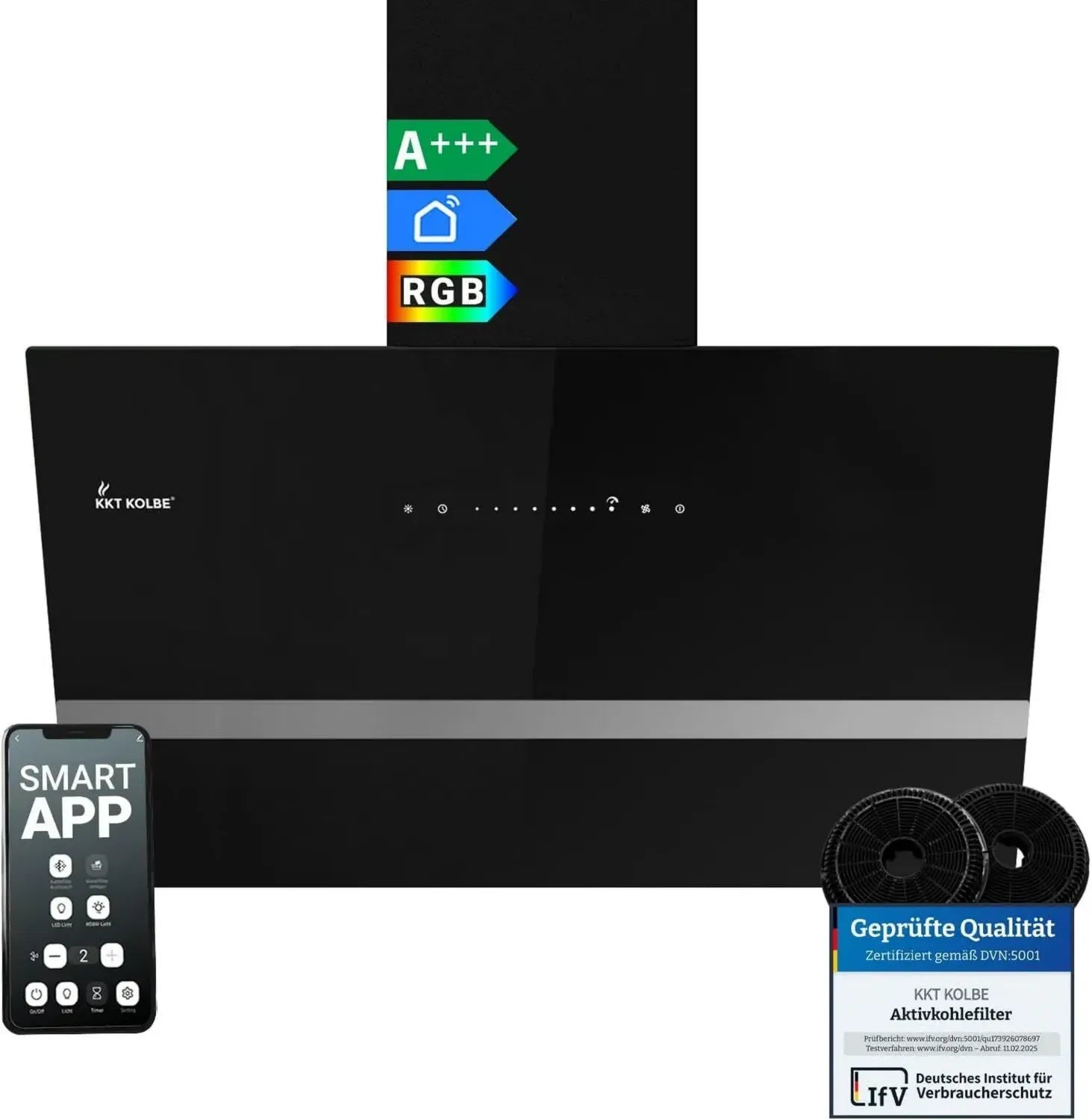 KKT Kolbe Kopffreie Wandhaube 80 cm, 782 m³/h, Schwarzglas, WLAN & App-Steuerung, RGBW-LED