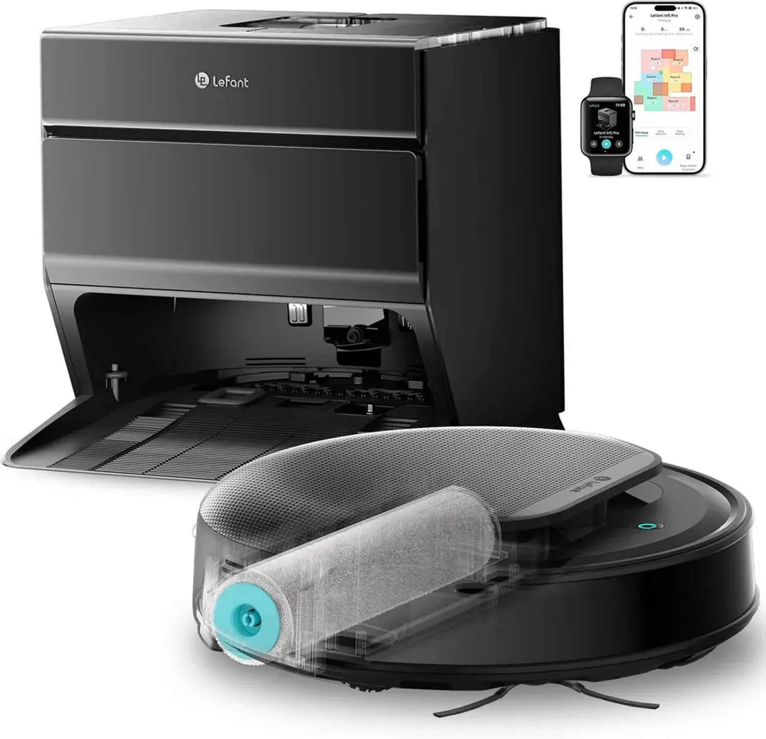 LEFANT M5 Pro Saugroboter mit Heißwasserreinigung und Selbstreinigung, All-in-One Station, 18K Pa, kompatibel mit 2.4G/5GHz Wi-Fi, ideal für Tierhaare, Teppiche und Hartböden