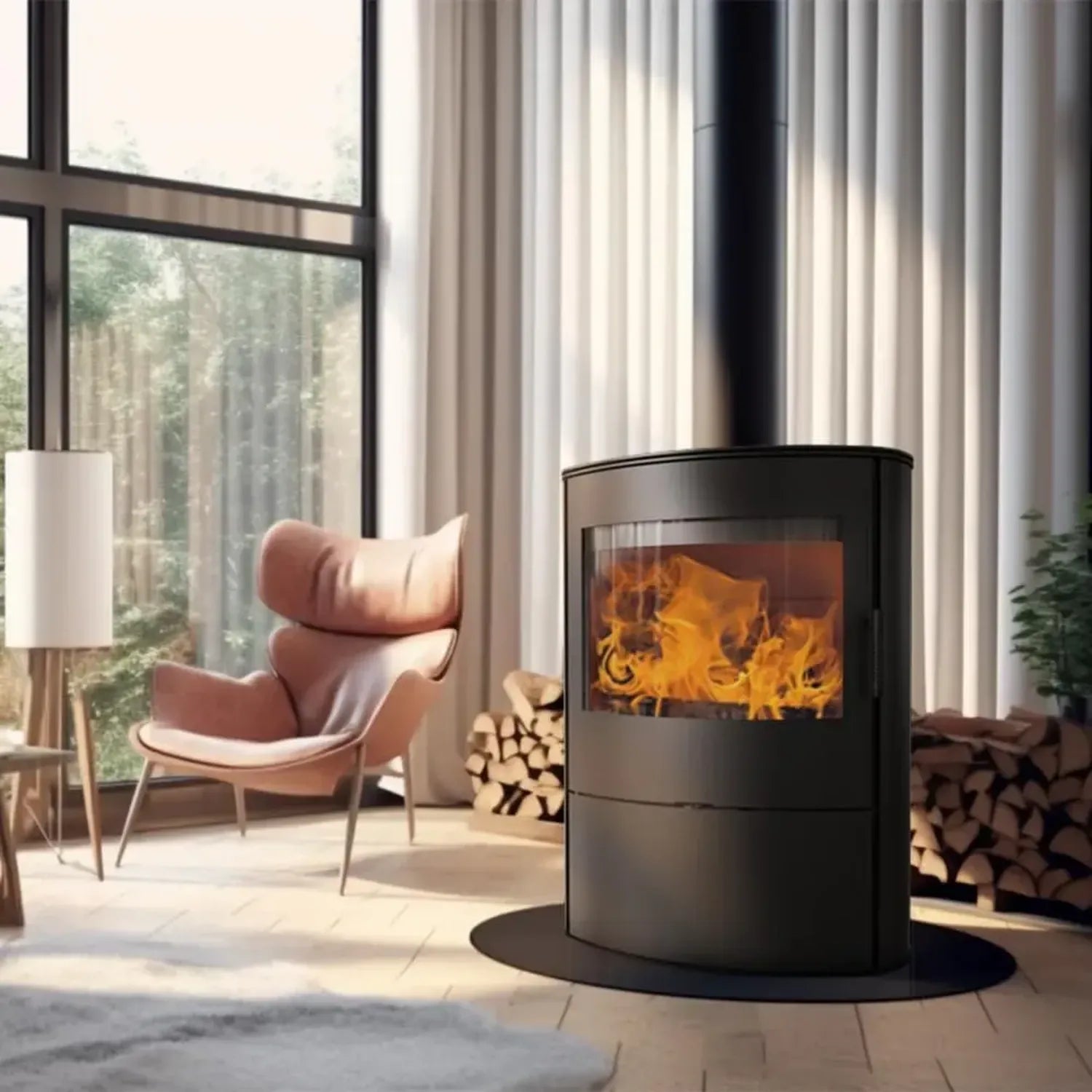 Moderner Stahlkamin Rollo 2, 8 kW, raumluftunabhängig, Ø 150 mm, energieeffizient A+, HKI-zertifiziert