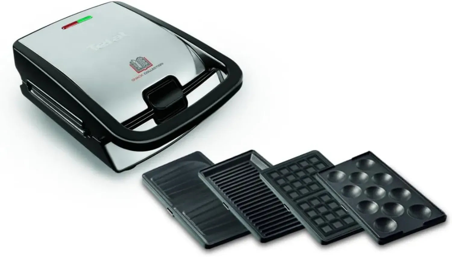 Tefal Snack Collection 4-teiliges Set SW854D, Multifunktionsgerät, 4 antihaftbeschichtete Platten, spülmaschinengeeignet, für Panini, Waffeln, Sandwiches, süße Küchlein, 700W, Schwarz/Edelstahl