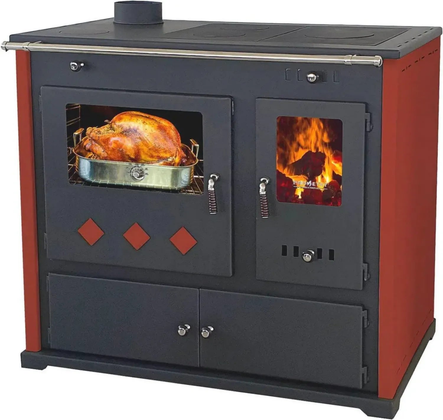 Holzofen 9,5 kW mit Backfach und Herdplatte in Rot, Dauerbrandofen für Werkstatt und Hütte