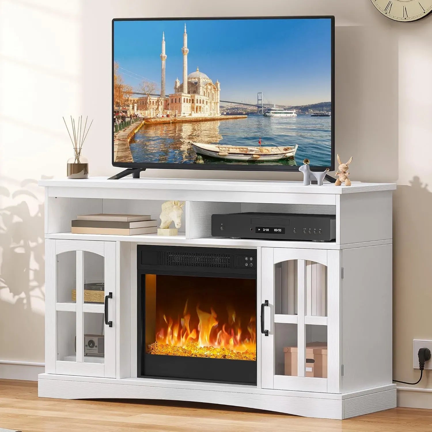 YITAHOME Elektrischer Kamin mit Heizfunktion, Flammeneffekt & Fernbedienung, Überhitzungsschutz, Timer 1-8 Stunden, Weiß