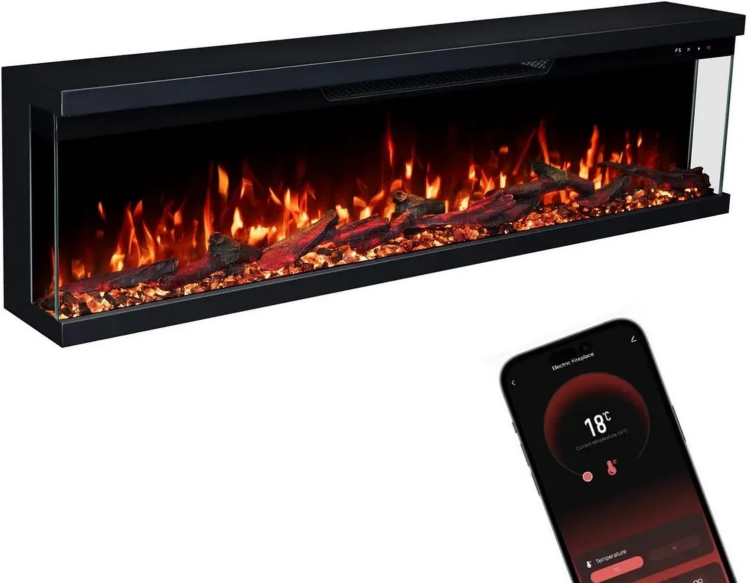 Realistischer GLOW FIRE Elektrokamin mit 3D LED-Flammen, Steuerung per App, Heizung & Timer, 1800 W