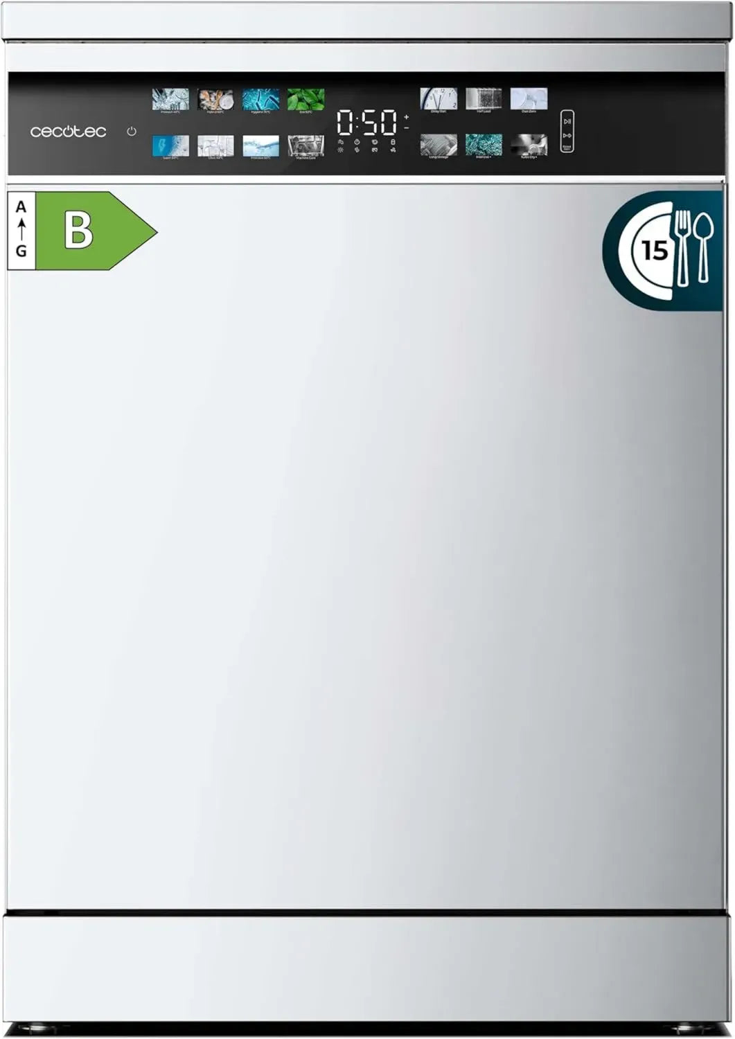 Cecotec Geschirrspüler 60 cm - Freistehend, 15 Gedecke, Energieklasse A++, Inverter Plus Motor, XXL Farbbildschirm, drittes Fach, Turbo Dry+, Dualzonen-Wäsche, Weiß