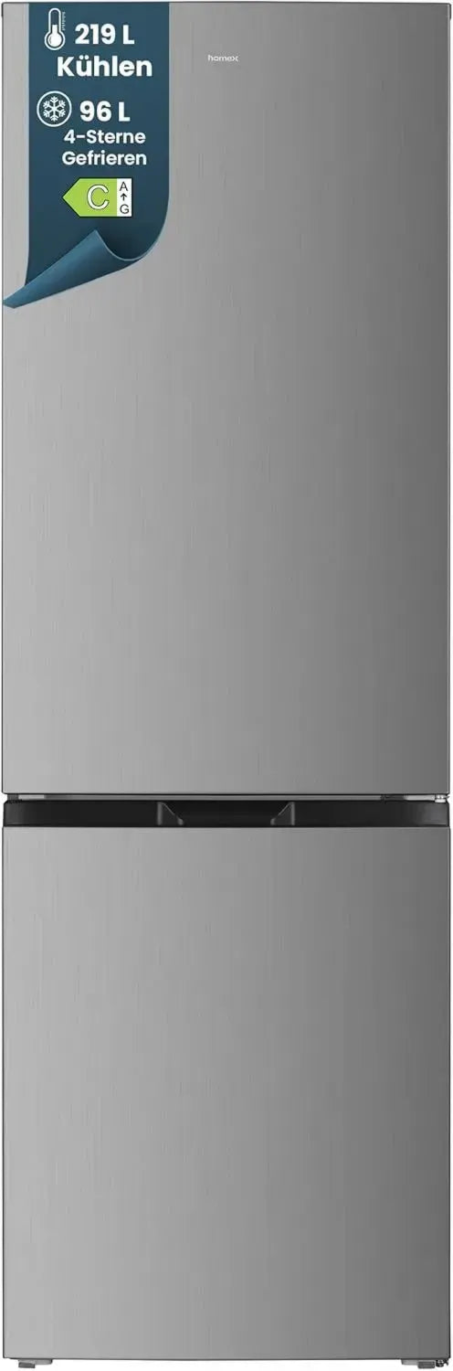 homeX Großraum Kühlschrank mit Gefrierfach, freistehende Kühl-Gefrier-Kombi, 315L, 4-Sterne Gefrierleistung, Super Frost, leiser Betrieb, Energieklasse C, XXL silber