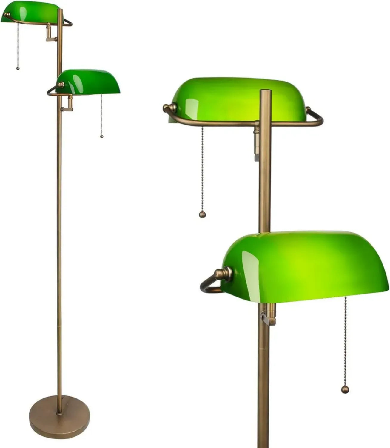 Vintage Stehlampe aus Gold mit Grünem Glas, Schmale Design-Lampe mit Fußschalter für Wohnzimmer, Büro und Schlafzimmer