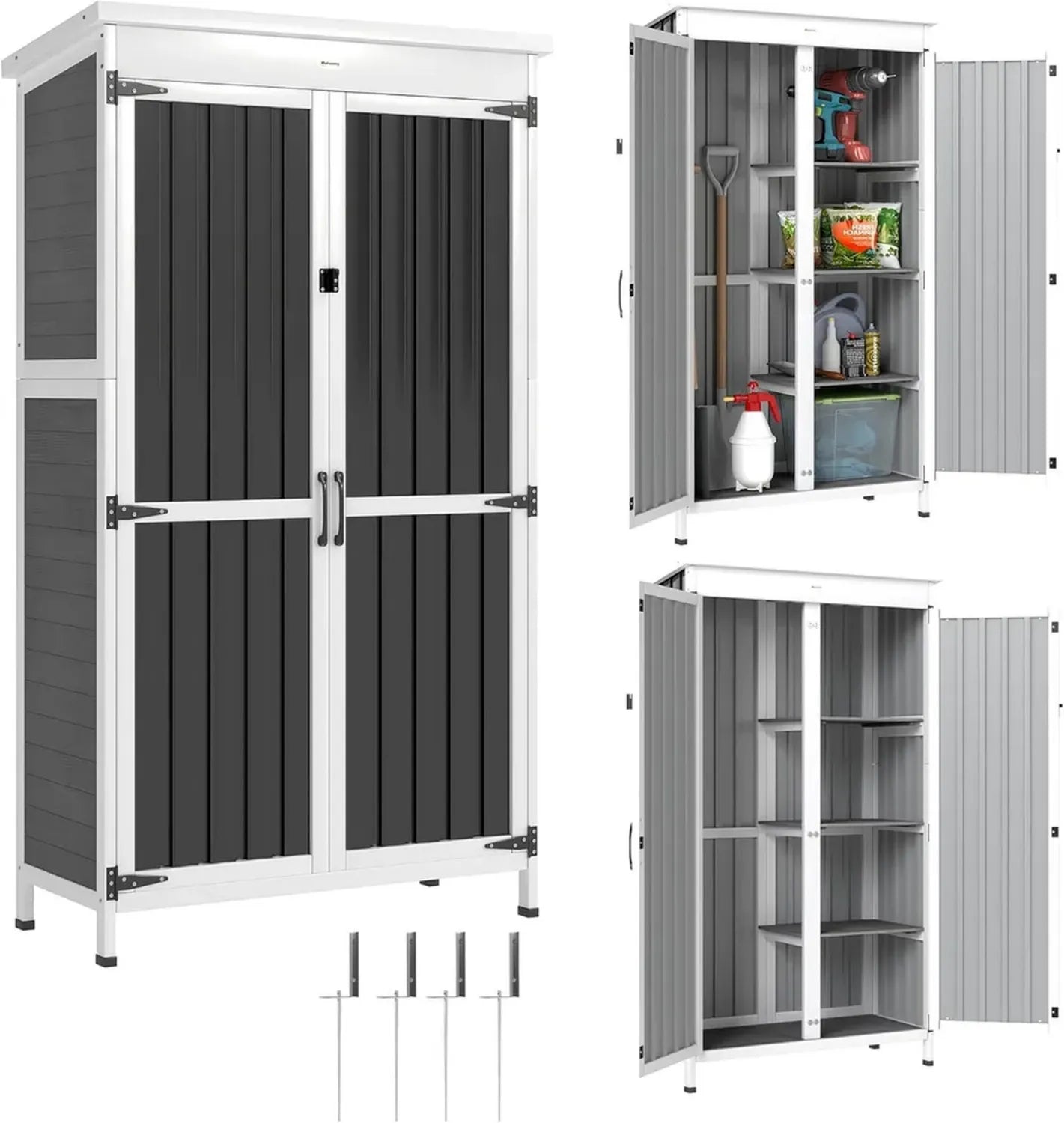 Outsunny Gartenholzschrank aus Fichte mit Stahlrahmen, abschließbare Tür, Asphaltdach und flexiblen Regalfächern, weiß-schwarzer Geräteschuppen für draußen, 94 x 43 x 166 cm