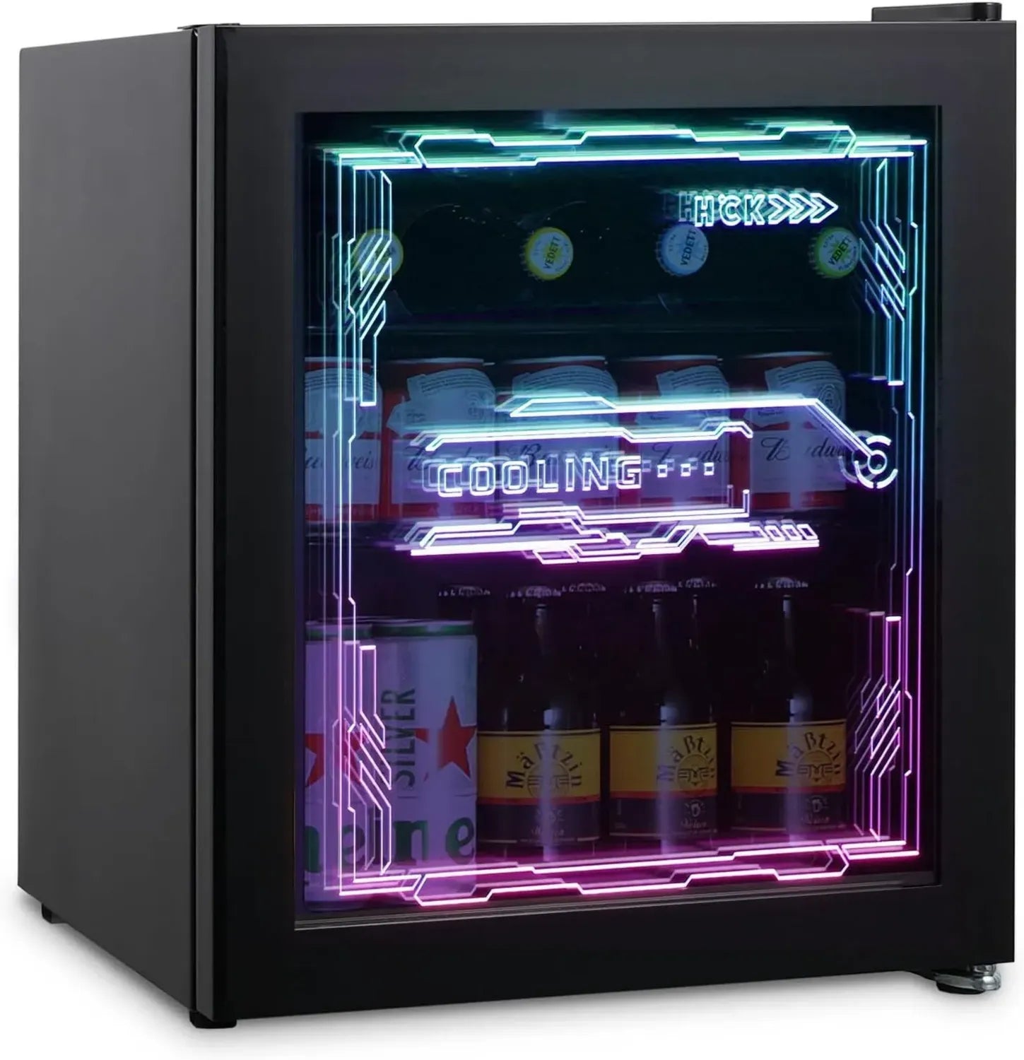 Kompakter HCK Getränkekühlschrank 48L mit Glastür, LED-Beleuchtung und Cyberpunk-Stil, Leise 39 dB, 0-10°C, Ideal für Gaming-Zimmer, Partys und Bars, Schwarz
