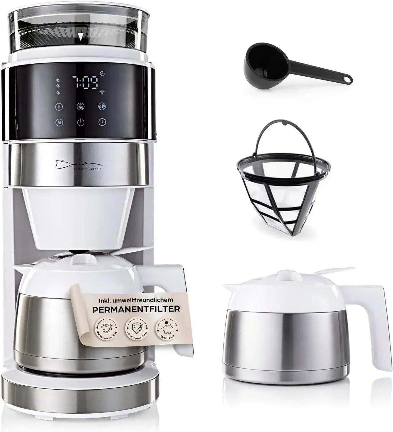 Digitale Barista Kaffeemaschine 800W Weiß mit Mahlwerk und Thermoskanne